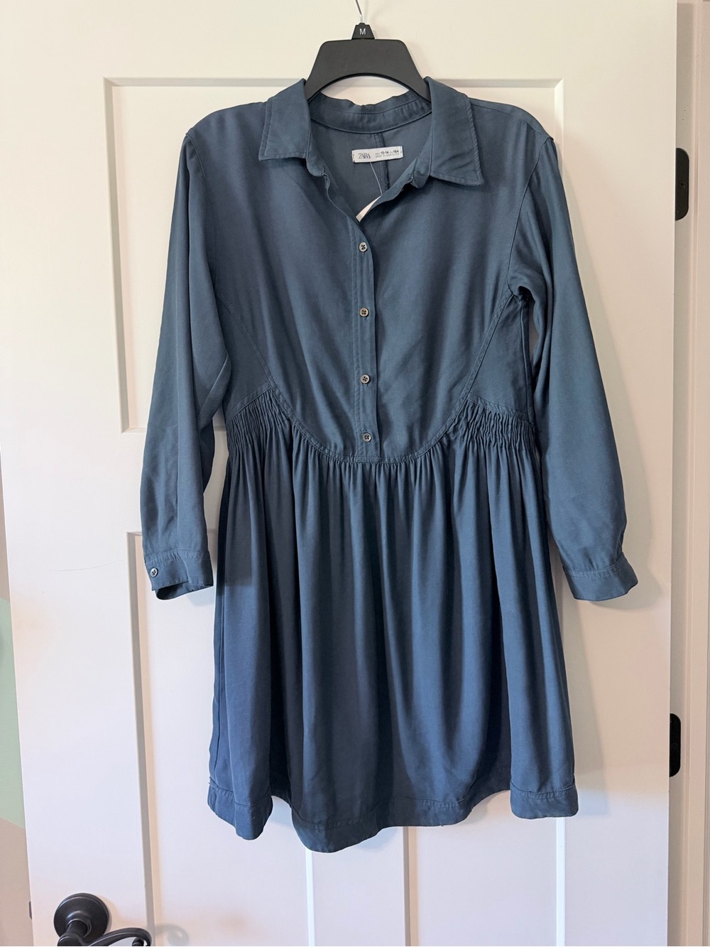 Girls Zara Dress size 13-14 navy blue long sleeve fit and flare button new